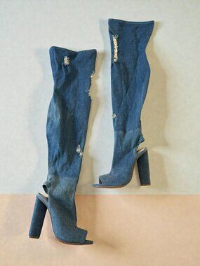 STEVE MADDEN Tonic Blue Denim Over the Knee Booties Heels Size 7